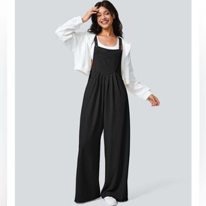 Halara Pockets Waffle Casual Overalls Black Minimalist Wide Leg Travel Cozy Sz S